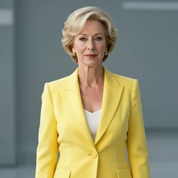 a still from the movie bladerunner 2 0 4 9 depicting helen mirren in her 6 0's wearing a yellow business suit, photographed by annie leibovitz against a backdrop of a moody planet earth in flames. cinematic lighting, 5 0 mm f / 2 iso 2 0 0