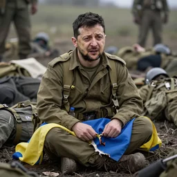 Volodymyr Zelensky at war,  dressed like  a Vietnam war American soldier ,  sitting on the ground between dead corpses , crying and weeping, holding a half burnt  flag of Ukraine, sharp focus, depth of field, hyper detailed, hyper realistic, High definition, by Isaac Cruikshank