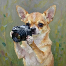 chihuahua holding a camera, impressionist oil painting