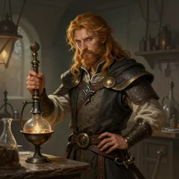 detailed illustration portrait of a fantasy medieval alchemist in medieval lab setting, d & d rpg portrait, pathfinder, rpg art, deviantart, artstation, art by hildebrandt,. keith parkinson