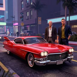3 5 mm low angle photo concept science fiction car 1 9 6 4 tesla cadillac sixteen on a city street, gta 5, hyper detailed, smooth, high contrast, volumetric lighting, octane, jim lee, giorgetto giugiaro, craig mullins, chris bangle, ian callum!, miami synthwave, moebius, vibrant rich deep color, comic book