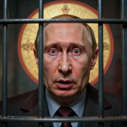 shocked face of putin in cage, hyper - realistic, sharp focus, depth of field, hyper - detailed visionary art, symmetric, hell, holy halo, dramatic ambient lighting, high detail, vibrant colors, the thing 1 9 8 2