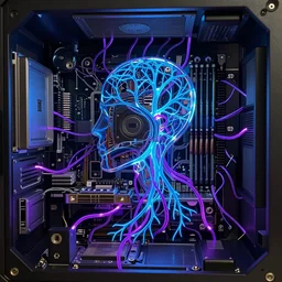 inside computer, ornate and intricate, by midge sinnaeve, 4 k, glowing blue veins, purple glowing wires