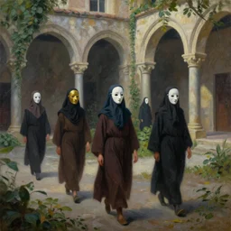 disciples in masks walking through an ambient light - filled courtyard, morning light, romanesque architecture, chiaroscuro, atmospheric, detailed, lush, fantastical, lowbrow, pop surrealism, pj crook, oil on canvas