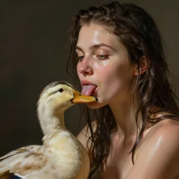epic portrait an woman licking a duck, wet flowing hair, sweaty skin, broad light, ambient occlusion, volumetric light effect, made by ivan aivazovsky, peter mohrbacher, greg rutkowski, hyperrealistic, hyperdetailed, matte painting, trending on artstation, 8 k, perfectly defined features, digital painting,