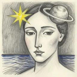 A face, a star, a planet, the sea, love, Ink drawing, Abstract art, Pencil Sketch, by Wassily Kandinsky