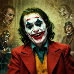 portrait of the joaquin phoenix as joker, laughing, drama, chaos matte painting by hieronymus bosch and zidislaw beksinsky