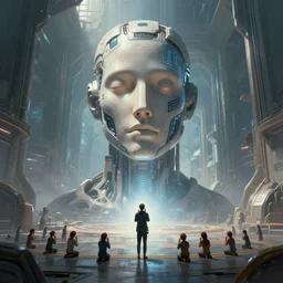 digital painting of tiny people praying to monumental conscious supercomputer with huge - cybernetic - face!!!! in the center of endless colossal room, trending on artstation, horizon zero dawn style, cyberpunk, sci - fi, futuristic, high quality