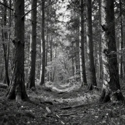 a black and white photo of a forest, a woodcut by eglon van der neer, trending on unsplash, primitivism, rendered in unreal engine, octane render, shallow depth of field