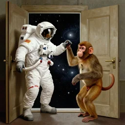 astronaut and space monkey, opening door that shows space and time, by davinci