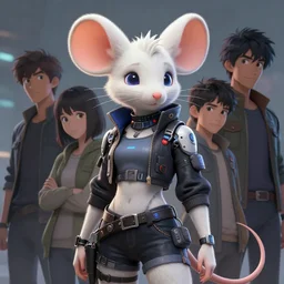 beautiful portrait of a female anthropomorphic albino mouse fursona wearing cyberpunk clothes. character design by disney, charlie bowater, ross tran, artgerm, and makoto shinkai, detailed, soft lighting, rendered in octane