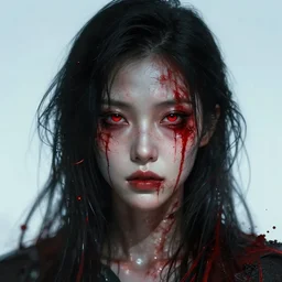 a woman with blood on her face and eyes, cyberpunk art by ross tran, trending on artstation, fantasy art, # vfxfriday, artstation hd, apocalypse art