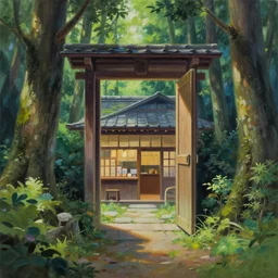 a detailed oil painting in the style of anime of a forest with an open door that is a portal to a Japanese restaurant