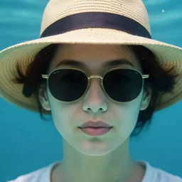 close up face women portrait, hat on top of head, wearing sunglasses, under water, 8 k, art station, greg rutkowski, alphonse mucha, roger deakins, wlop