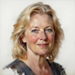 portrait painting of woman from scandinavia, senior, blonde hair, daz, occlusion, smiling and looking directly, brushstrokes, white background, art by enki bilal