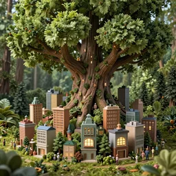 a miniature city built into the trunk of a single colossal tree in the forest, with tiny people, in the style of tyler edlin, lit windows, small figure looking out in the foreground, close - up, low angle, wide angle, awe - inspiring, highly detailed digital art