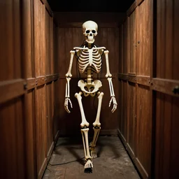 vhs footage of a wooden storage room with an animatronic skeleton covered in wires walking from out of the shadows