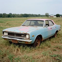 A photograph of a rusty, worn out, broken down, beater Powder Blue Dodge Aspen (1976) in a farm field, photo taken in 1989