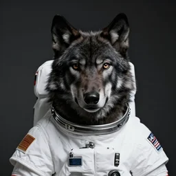 portrait of a black wolf wearing an astronaut outfit,photorealiatic,hyperdetailed,hyperrealistic,studio lighting,studio photography,professional photography,professional lighting,detailed face,3 point lighting,4k