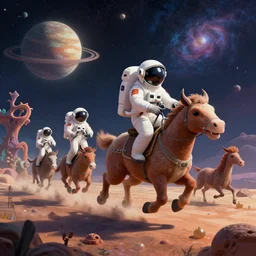 Astronauts are riding some mythical animals, they are running on the surface of a planet with wacky wildlife, some planets and nebulas are as background, by Jordan Grimmer digital art, trending on Artstation,