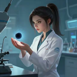 a league of legends concept art of a beautiful young female scientist in a laboratory looking at a small black hole in her hands, art by greg rutkowski, ponytail, elegant, sharp focus, morandi color scheme, illustration, high quality, highly detailed, digital art, hyperrealism