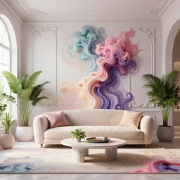 a modern indoor room surounded a hiper detailed colorfull smoke, clean architecture, pastel colored, baroque, a couch, a couch table, some fresh plants, intricate detailed 3 d render, hyper realistic intricate acrilic fluid art, elegant, intense colors, wide shot, octane render, concept art, daylight, peaceful, 8 k