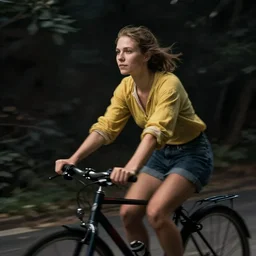 woman on a bike, motion blur, in the style of the dutch masters and gregory crewdson, dark and moody, depth of field