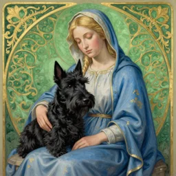 blonde madonna in a blue dress. a completely black scottish terrier on her lap. green with a gold filigree background. art nouveau. masterful, detailed drawing