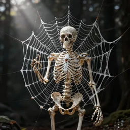 a skeleton covered with spider webs