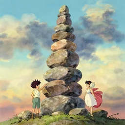 wholesome animation key shot, tall tower of rocks stacked, studio ghibli, pixar and disney animation, sharp, disney concept art watercolor illustration by mandy jurgens and alphonse mucha and alena aenami, pastel color palette, dramatic lighting