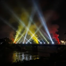 a bridge over a river in vietnam, by completely dark black night, yellow and red smoke, forest, white projectors, lens flare, black night, lighting and composition, dark, chiaroscuro, highly detailed concept art matte painting, radiant light, intricate, war, destruction, sharp focus