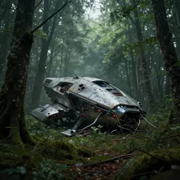 crash alien spacecraft in the middle of a forest, overgrown, atmospheric, depressing, apocalyptic, 8 k, hyperrealistic, matte painting, artstation, highly detailed