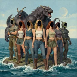 group of heros and monsters by the edge of the ocean, by eleanor davis, missing faces filled with outer space realistic, hyperdetailed, 8 k resolution