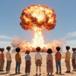 group of kids watch as a nuclear bomb goes off in the background, nuclear detonation, burst, blow up, big mushroom cloud, group of kids watching an explosion in the distance