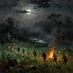 dark scary misty landscape with  detailed people running away, moonshine,fire, lush field, forest, river, matte painting, by Isaac Levitan and Asher Brown Durand, Greg Rutkowski
