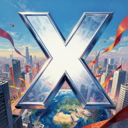an epic comic book style painting of the uppercase letter x towering over the world, the letter x, giant font, massive lettering, future tokyo cityscape with ribbons, colorful banners and ribbons, masterpiece, octane render, extreme details, trending on artstation, dynamic lighting