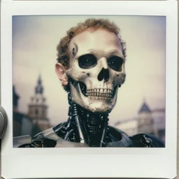 legnica. close up. enormous cyborg cybernetic skull mark zuckerberg, in legnica, full body, cinematic focus, polaroid photo, vintage, neutral dull colors, soft lights, by oleg oprisco, by thomas peschak, by discovery channel, by victor enrich, by gregory crewdson