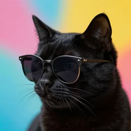 black cat wearing sunglasses. just head. no body. colorful background. profile picture. high quality. high fidelity. unsplash. deviantart. award winning photo.