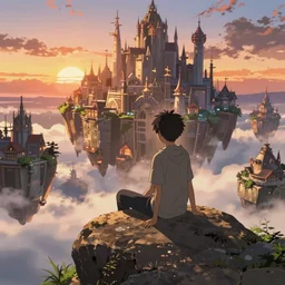 isekai masterpiece anime boy sitting on a rock off to the side looking down upon fantasy floating sky town, during dawn, cinematic, very warm colors, intense shadows, anime illustration, anime screenshot composite background