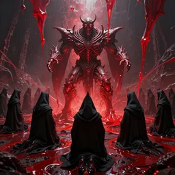 the necronomicon designed by yasushi nirasawa and hr giger, action shot wide angle lens, red fluid everywhere, druids kneeling on ground with black pointy hoods, - 9 6 0