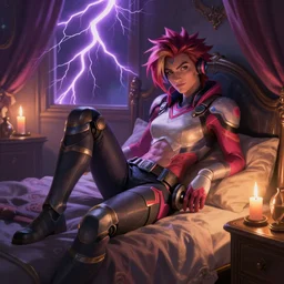 Gaston Bussiere painting of Tracer (Overwatch) lounging in her bedroom, dramatic lightning, candlelit