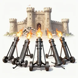 five giant and powerful medieval trebuchets in the front, fireing on a medieval fortress far away, destroying the walls, fire and explosion, debris flying around, trending on artstation, style of peter mohrbacher, octane render, unreal engine