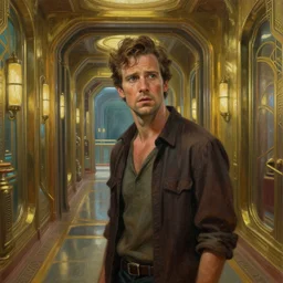 a man who slightly resembles tahmoh penikett looking concerned. he is in in a corridor of the atlantis paradise, a retro futuristic spaceship made of brass, art deco influence, hotel style design. painting by artgerm and greg rutkowski.