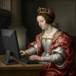 Renaissance painting of a royal female cosmonaut using a computer