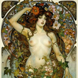 closeup portrait the platonic ideal of flowers and vines, poison ivy, beautiful succubus, intricate, hyperrealism, intense, dmt, artgerm, moebius, glamour pose, arney freytag, greg rutkowski, maxfield parrish, dan mumford, moebius, alphonse mucha