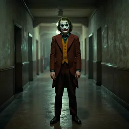 jack torrance as the joker in the shining, standing at end of long hall, widescreen shot, anamorphic film, screenshot by stanley kubrick