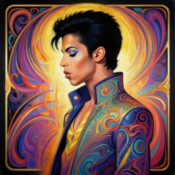side profile centered painted portrait of musician prince, matte painting concept art, art nouveau, beautifully backlit, swirly vibrant color lines, fantastically gaudy, aesthetic octane render, 8 k hd resolution, by ilya kuvshinov and cushart krent and gilleard james