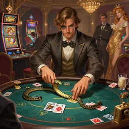 man rolling snake eyes, casino, busy, security, poker, one arm bandit, smart clothing, cocktail dresses, deep focus, d & d, fantasy, intricate, elegant, highly detailed, digital painting, artstation, concept art, matte, sharp focus, illustration, hearthstone, art by artgerm and greg rutkowski and alphonse mucha