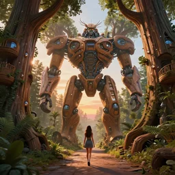 girl walks down alley between giant wooden mecha building futuristic giant wooden tree trunk buildings, organic wooded self growing building, solarpunk, forest canopy understory, cinematic lighting, sunset, octane render, 3 d pixar disney digital cgi rtx hdr painting, highly detailed, artstation cgsociety masterpiece, by syd mead, greg rutkowski, wlop, artger