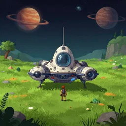 in front of a small spaceship, on a grass field, on an alien planet, from a space themed point and click 2 d graphic adventure game, set design inspired slightly by tomb raider, art inspired by thomas kinkade and [ [ mark keathley ] ] and greg rutkowski